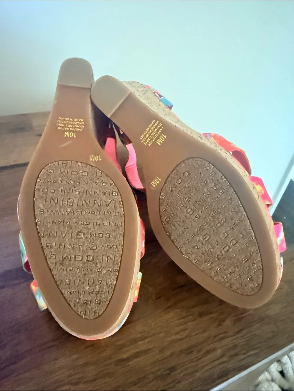 Gianni Bini Neon Pink Multi Floral Cork Wedge Sandals